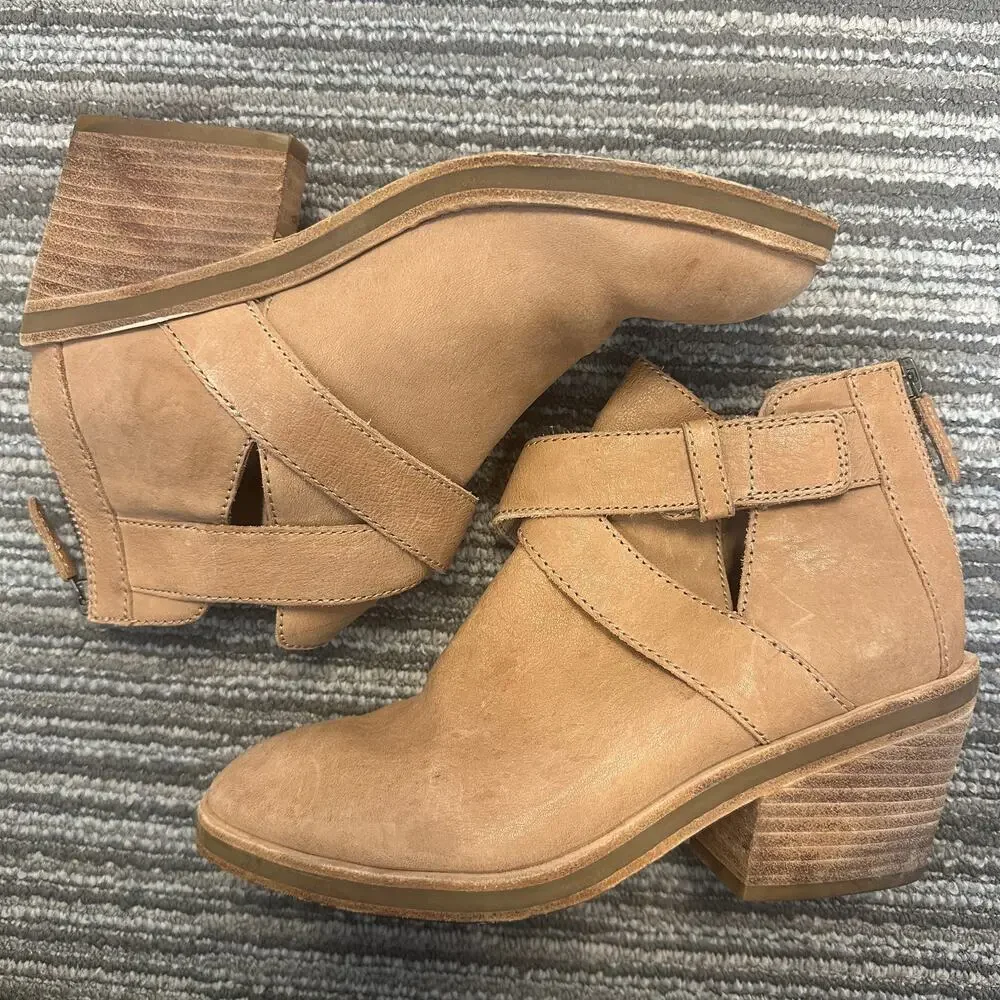 Eileen Fisher Derby Ankle Boots Tan Nubuck Leather Stacked‎ Heel Preppy Career 6